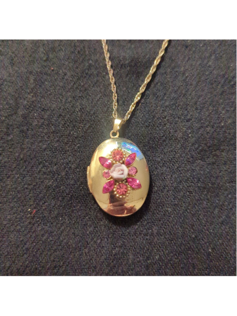 Gold Tone Pink Rhinestone Floral Flower Locket Pendant Statement Necklace